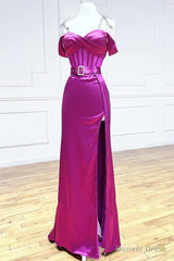 Magenta Sweetheart Belted A-Line Prom Dress with Slit