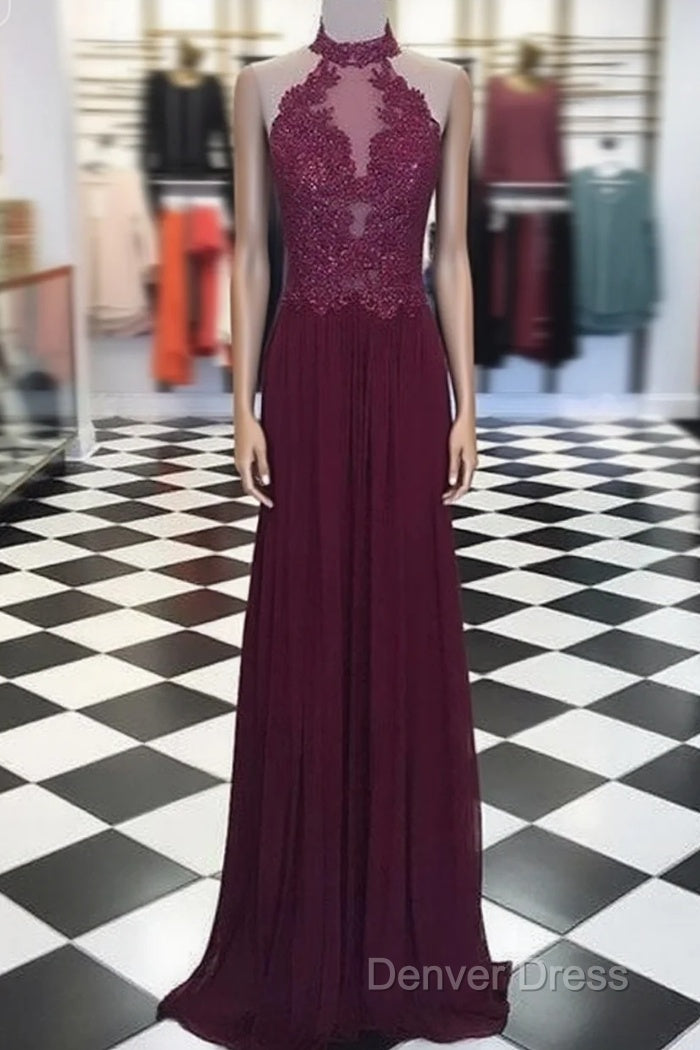 Maroon Hight Neck Lace Long Prom Dresses, Maroon Evening Dresses Main image