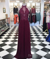Maroon Hight Neck Lace Long Prom Dress, Maroon Evening Dress