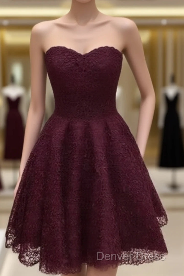 Maroon Homecoming Dresses, Lace Short Prom Dresses, Party Dresses, Prom Dresses