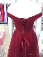 Maroon Off Shoulder Bridesmaid Dress Long, Simple Tulle Dresses