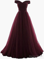 Maroon Off Shoulder Bridesmaid Dress Long, Simple Tulle Dresses