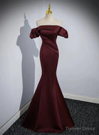 Maroon Satin Mermaid Off Shoulder Prom Dress, Maroon Prom Dresses