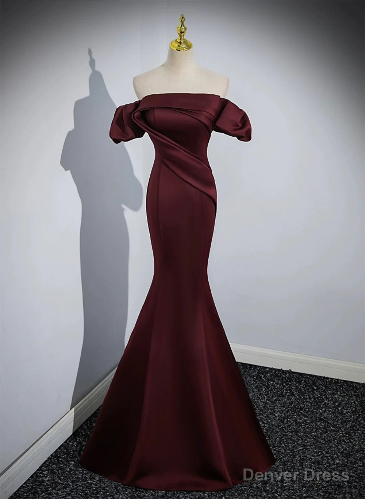 Maroon Satin Mermaid Off Shoulder Prom Dress, Maroon Prom Dresses