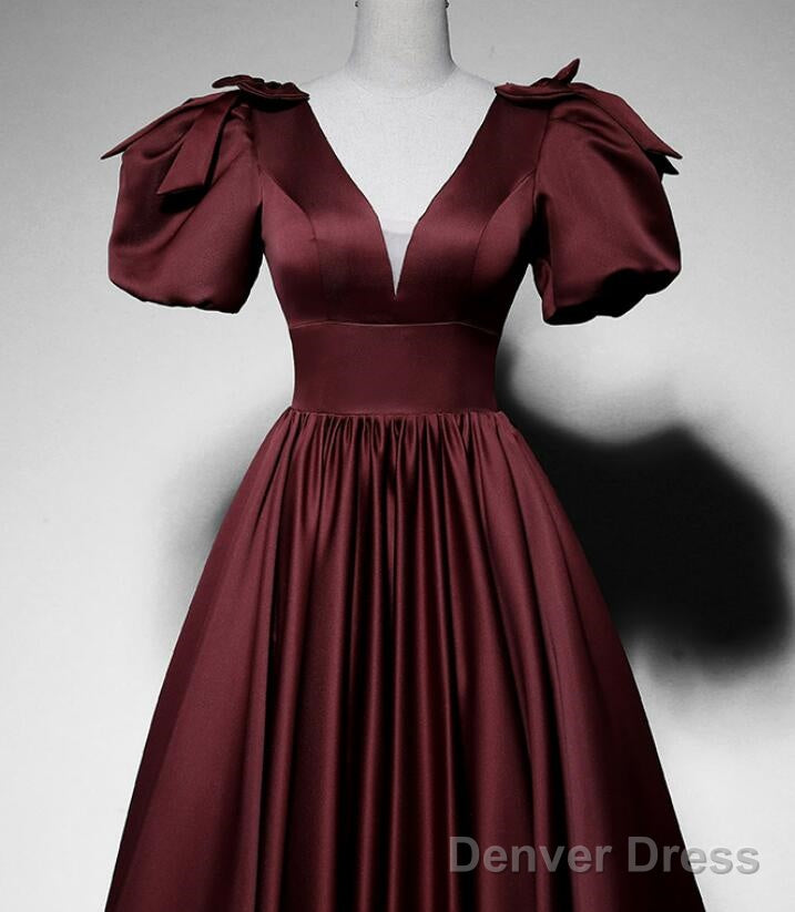 Maroon Satin Short Sleeves Low Back Long Prom Dress, Maroon Evening Dress Secondary image