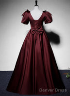 Maroon Satin Short Sleeves Low Back Long Prom Dress, Maroon Evening Dress