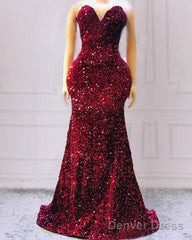 Maroon Sequin Prom Dresses Mermaid Strapless