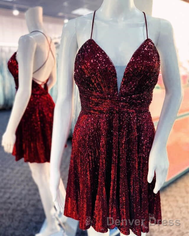 Maroon Sequin V Neck Homecoming Dresses Main image