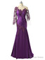 Mermaid 3 4 Sleeves Purple Satin Appliques Mother Of The Bride Dresses