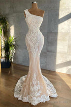 Mermaid Asymmetrical Lace Applique Floor Length Sleeveless Prom Dresses