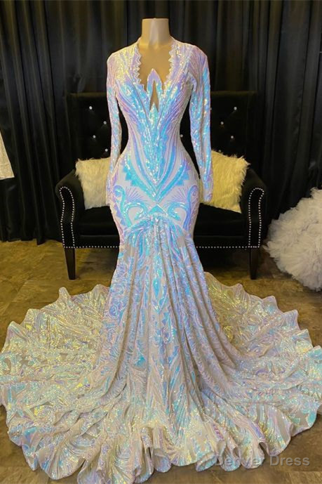 Mermaid Asymmetrical Sequined Floor-length Long Sleeve Appliques Lace Prom Dress Main image