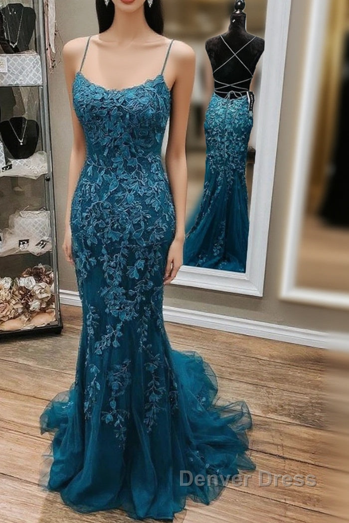 Mermaid Backless Dark Teal Lace Long Prom Dresses Main image