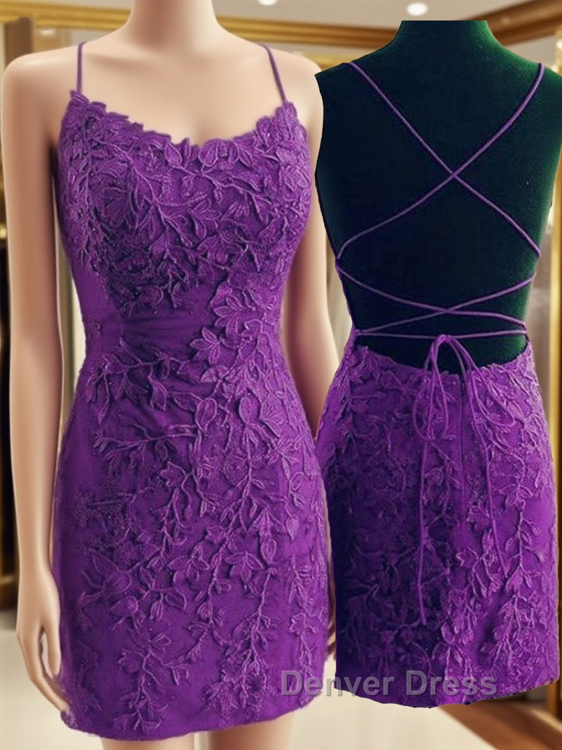 Mermaid Backless Purple Lace Prom Dresses, Mermaid Purple Homecoming Dresses, Short Purple Lace Formal Evening Dresses Main image