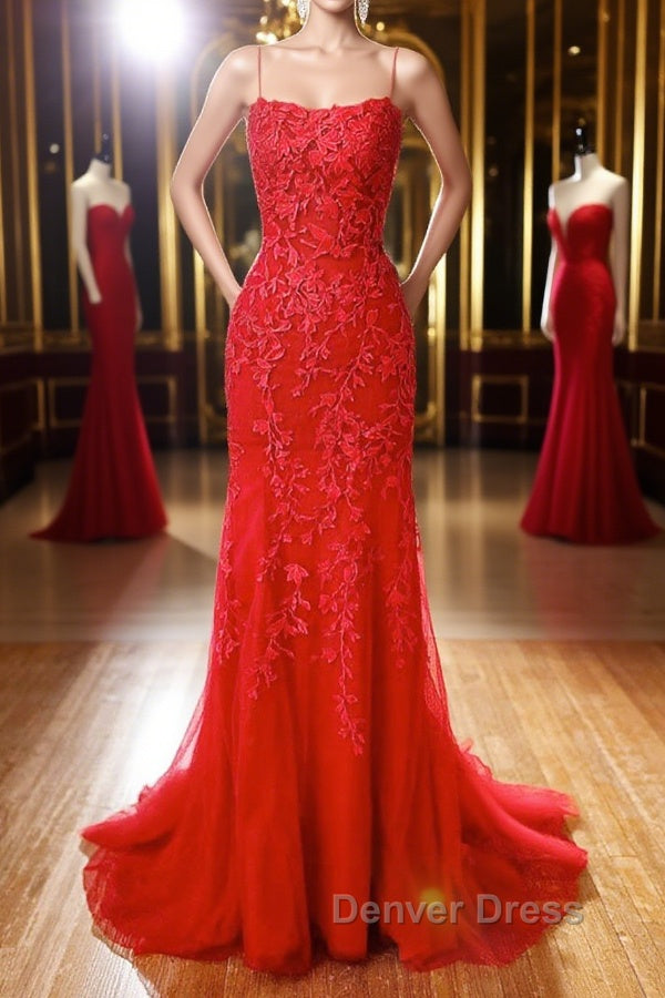 Mermaid Backless Red Lace Long Prom Dress, Mermaid Red Prom Dress, Red Lace Prom Dresses Main image