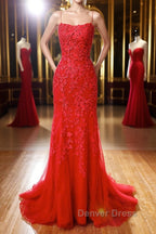 Mermaid Backless Red Lace Long Prom Dress, Mermaid Red Prom Dress, Red Lace Prom Dresses