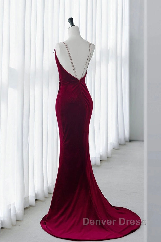 Mermaid Backless Velvet Burgundy Long Prom Dresses With Beads Secondary image
