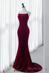 Mermaid Backless Velvet Burgundy Long Prom Dress With Beads