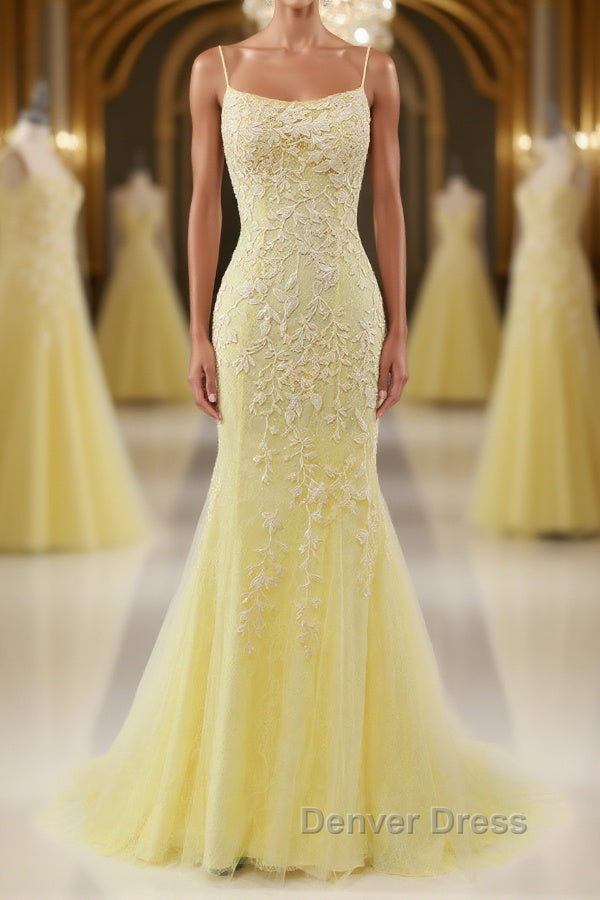 Mermaid Backless Yellow Lace Long Prom Dress, Mermaid Yellow Prom Dress, Yellow Lace Prom Dresses Main image