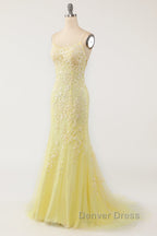 Mermaid Backless Yellow Lace Long Prom Dress, Mermaid Yellow Prom Dress, Yellow Lace Prom Dresses