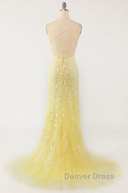 Mermaid Backless Yellow Lace Long Prom Dress, Mermaid Yellow Prom Dress, Yellow Lace Prom Dresses