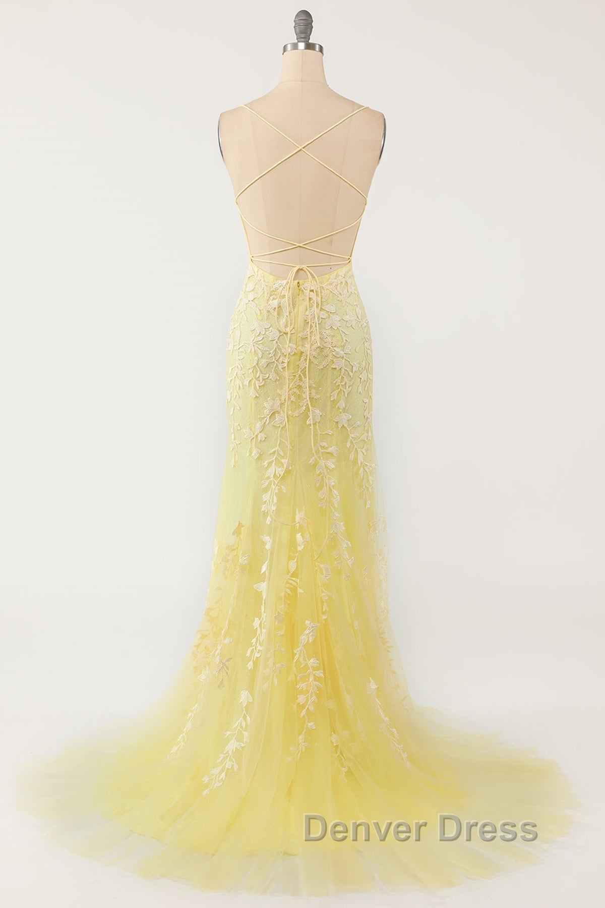 Mermaid Backless Yellow Lace Long Prom Dress, Mermaid Yellow Prom Dress, Yellow Lace Prom Dresses