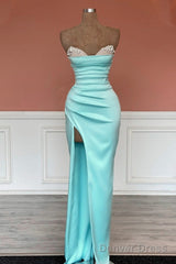 Mermaid Beaded Strapless Blue Satin Split Dress