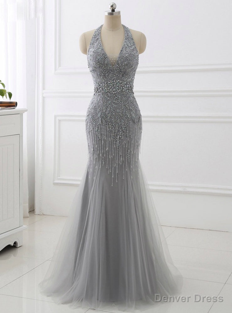 Mermaid Beading Prom Women Dress Sexy Backless Gray Tassel Prom Dresses