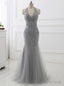 Mermaid Beading Prom Women Dress Sexy Backless Gray Tassel Prom Dresses