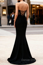 Mermaid Black Corset Strapless Long Prom Dresses with Slit