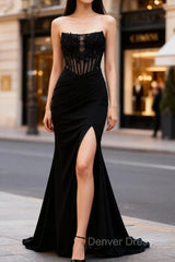 Mermaid Black Corset Strapless Long Prom Dress with Slit