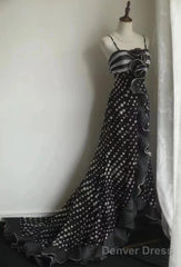 Mermaid Black Spaghetti Strap Chiffon Long Prom Skirt Polka Dot Evening Dress