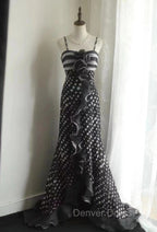 Mermaid Black Spaghetti Strap Chiffon Long Prom Skirt Polka Dot Evening Dresses