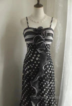 Mermaid Black Spaghetti Strap Chiffon Long Prom Skirt Polka Dot Evening Dresses