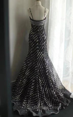 Mermaid Black Spaghetti Strap Chiffon Long Prom Skirt Polka Dot Evening Dresses
