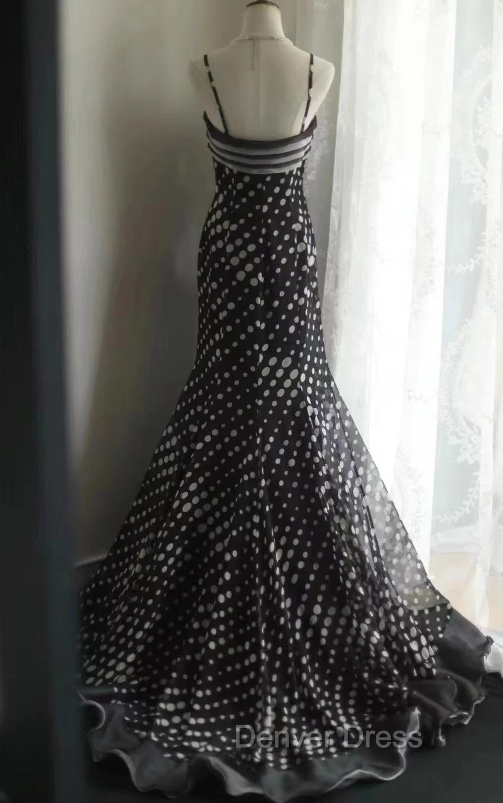 Mermaid Black Spaghetti Strap Chiffon Long Prom Skirt Polka Dot Evening Dresses