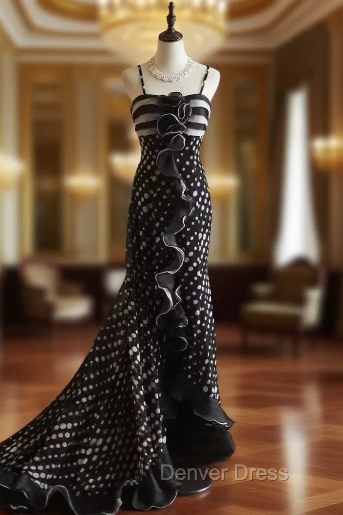 Mermaid Black Spaghetti Strap Chiffon Long Prom Skirt Polka Dot Evening Dresses Main image