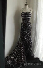 Mermaid Black Spaghetti Strap Chiffon Long Prom Skirt Polka Dot Evening Dress