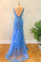 Mermaid Blue Floral Lace Prom Dress Long Evening Dress Appliques