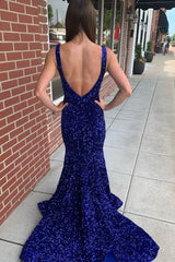 mermaid blue v neck sequins long prom dress