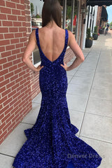 mermaid blue v neck sequins long prom dress