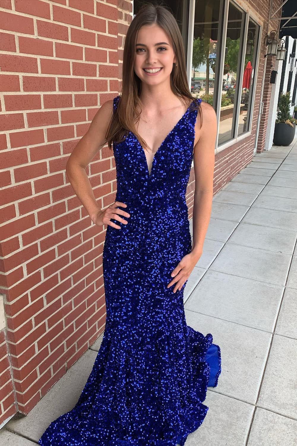 mermaid blue v neck sequins long prom dress