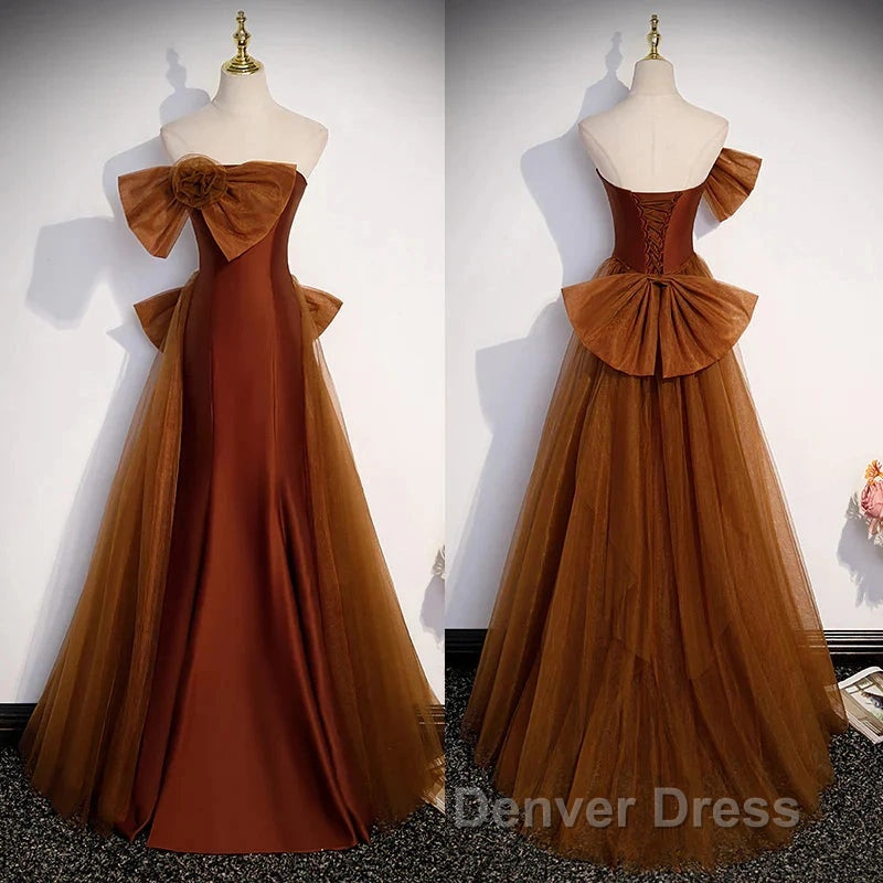 Mermaid Brown Tulle Satin Strapless Long Party Dresses Formal Dresses Prom Dresses Secondary image