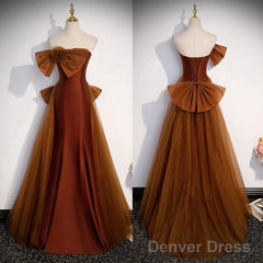Mermaid Brown Tulle Satin Strapless Long Party Dress Formal Dress Prom Dress