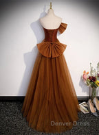 Mermaid Brown Tulle Satin Strapless Long Party Dresses Formal Dresses Prom Dresses