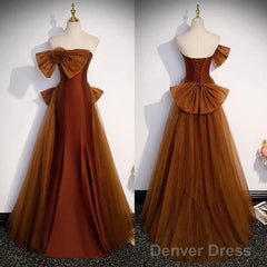 Mermaid Brown Tulle Satin Strapless Long Party Dress Formal Dress Prom Dress With Bow(S)