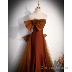 Mermaid Brown Tulle Satin Strapless Long Party Dress Formal Dress Prom Dress With Bow(S)