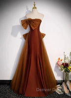 Mermaid Brown Tulle Satin Strapless Long Party Dresses Formal Dresses Prom Dresses With Bow(S)