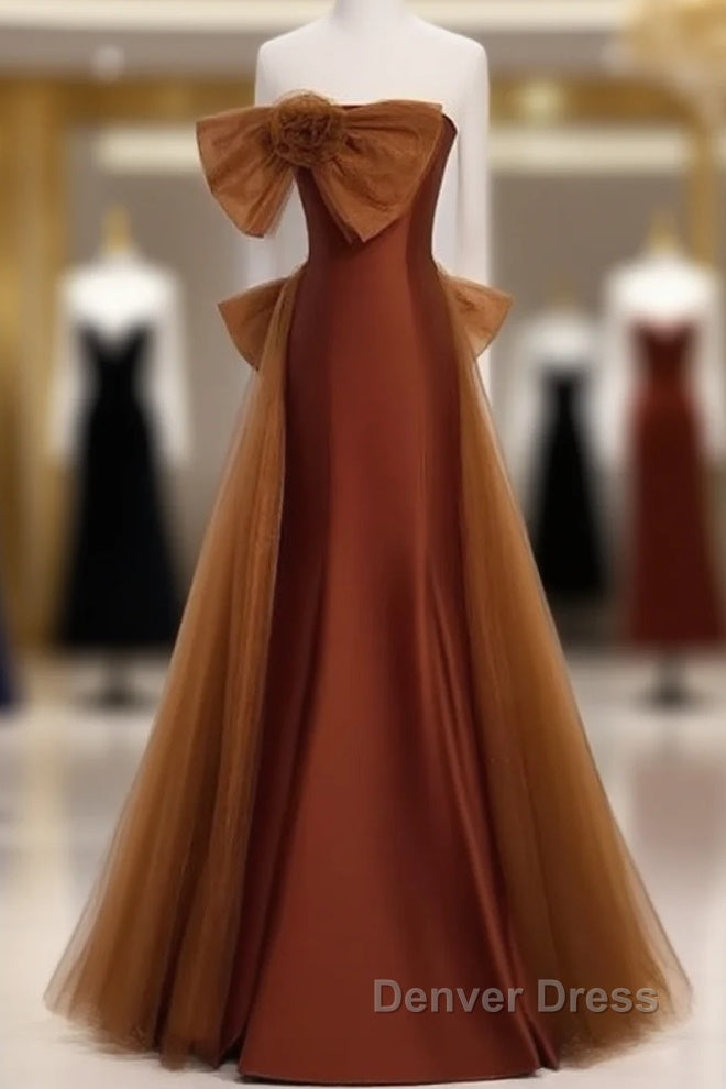 Mermaid Brown Tulle Satin Strapless Long Party Dresses Formal Dresses Prom Dresses