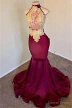 Mermaid Burgundy High Neck Applique Sleevless Prom Dresses