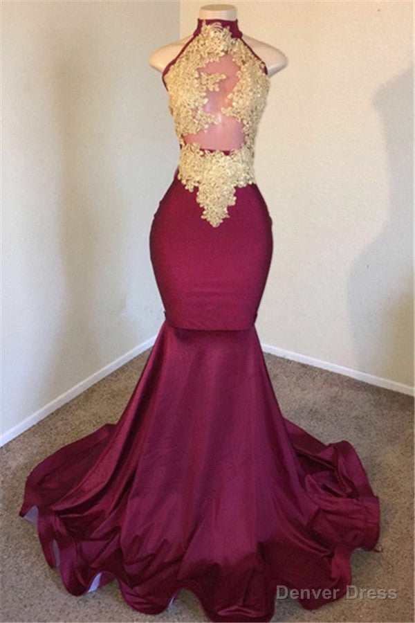 Mermaid Burgundy High Neck Applique Sleevless Prom Dresses